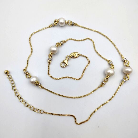 Charles Garnier Sterling Silver 925 Vermeil Pearl CZ Station Necklace 25" - Picture 1 of 14